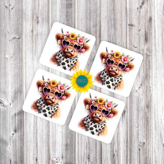Highland Cow Floral Sunglasses Square Coasters