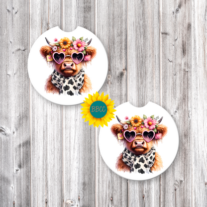 Floral Highland Cow Car Coasters