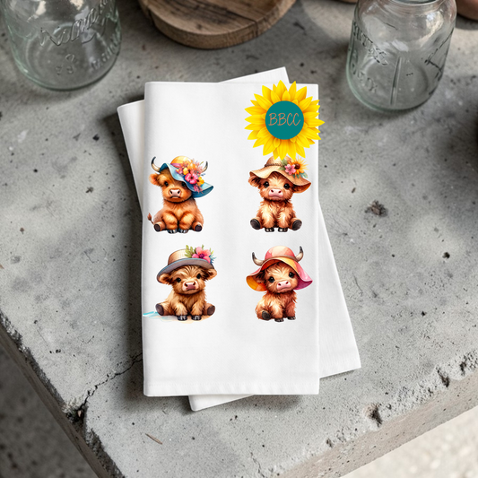 Summer Hat Highland Cow Tea Towel