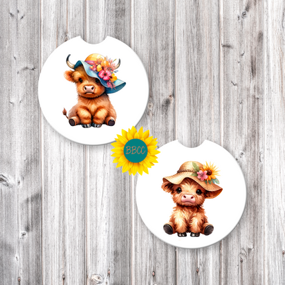 Highland Cow Car Coasters – Summer Floral Hat Design (Set of 2)