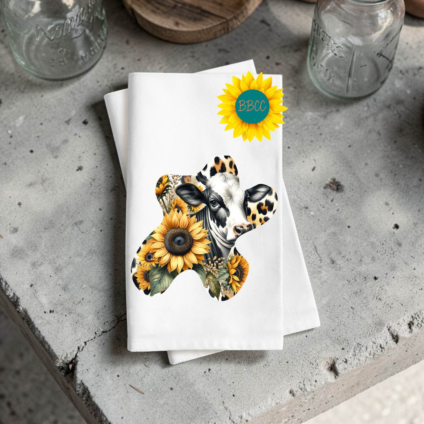 Sunflower Cow Cutout Kitchen Tea Towel