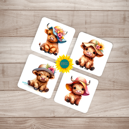 Highland Cow Summer Hats Square Coasters