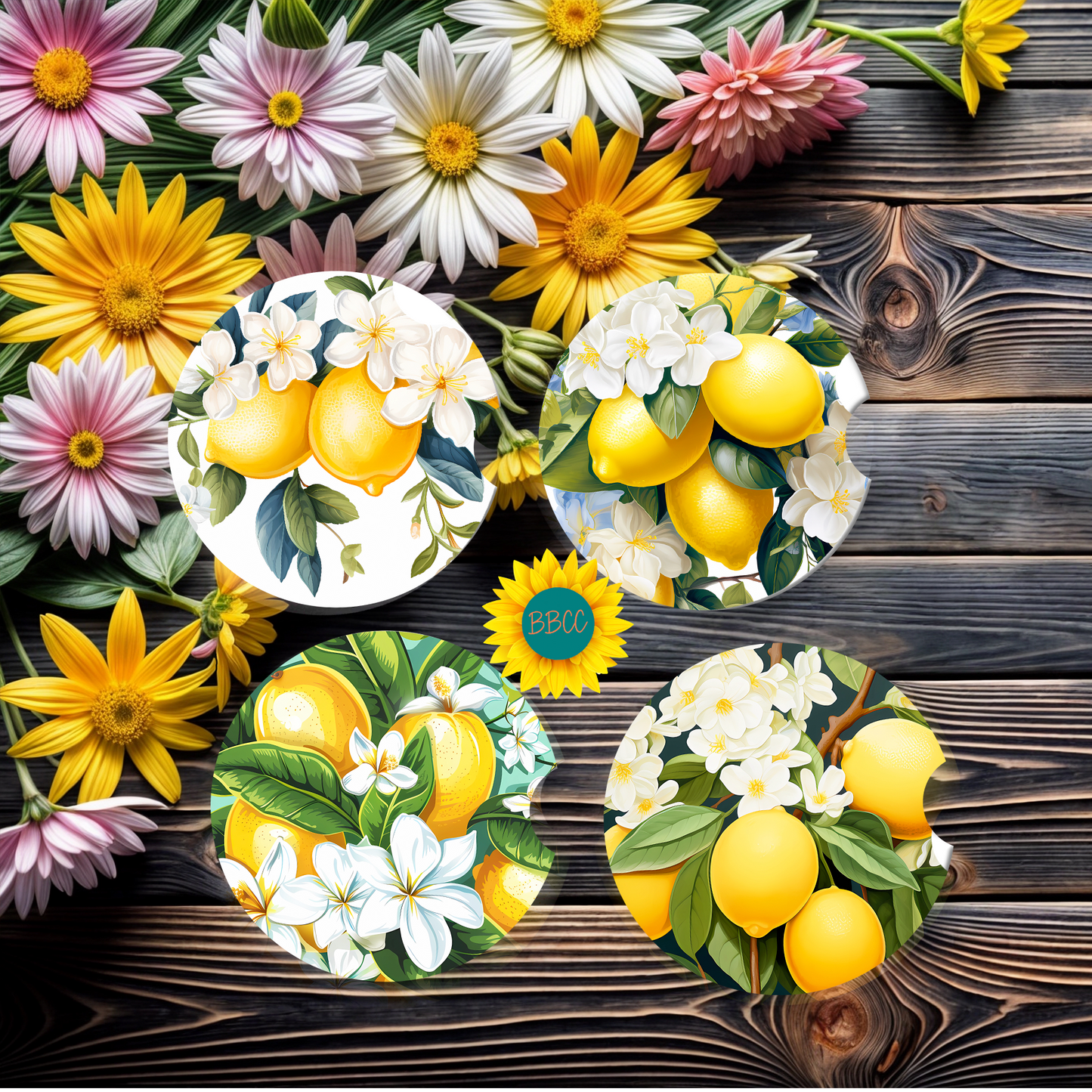 Lemon Blossom Car Coasters Set of 4