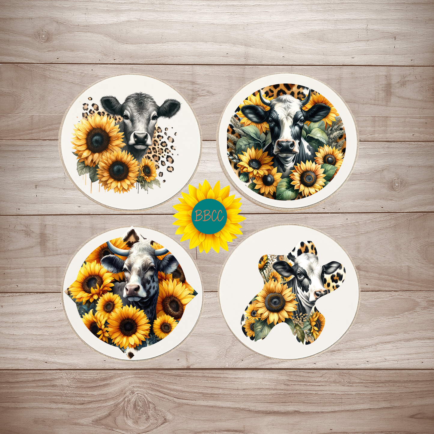 Dairy Cow Sunflower Round Coasters