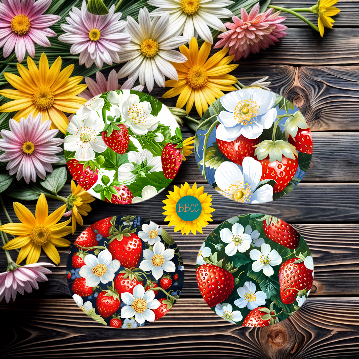 Strawberry Blossom Summer Round Coasters