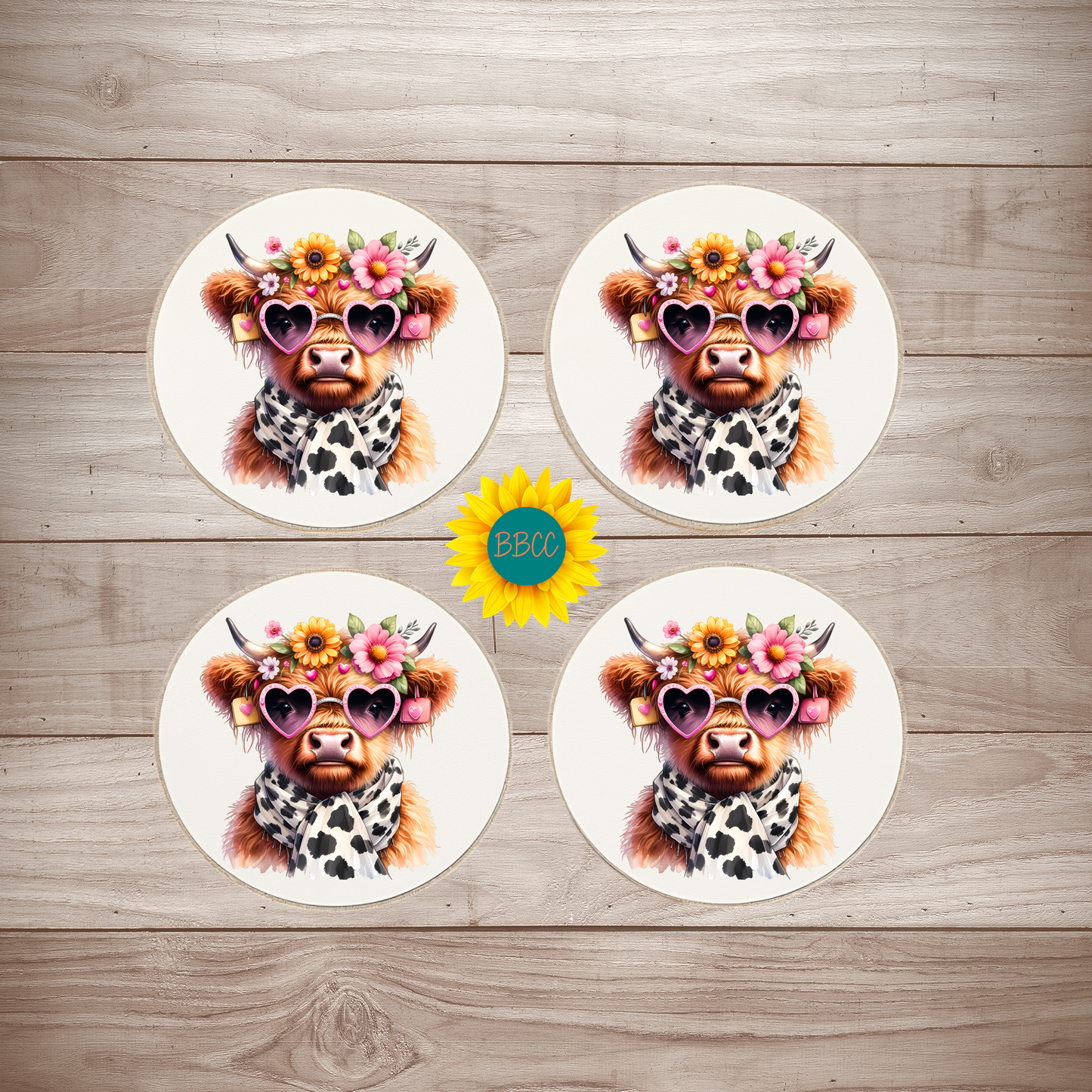 Highland Cow Floral Round Coasters