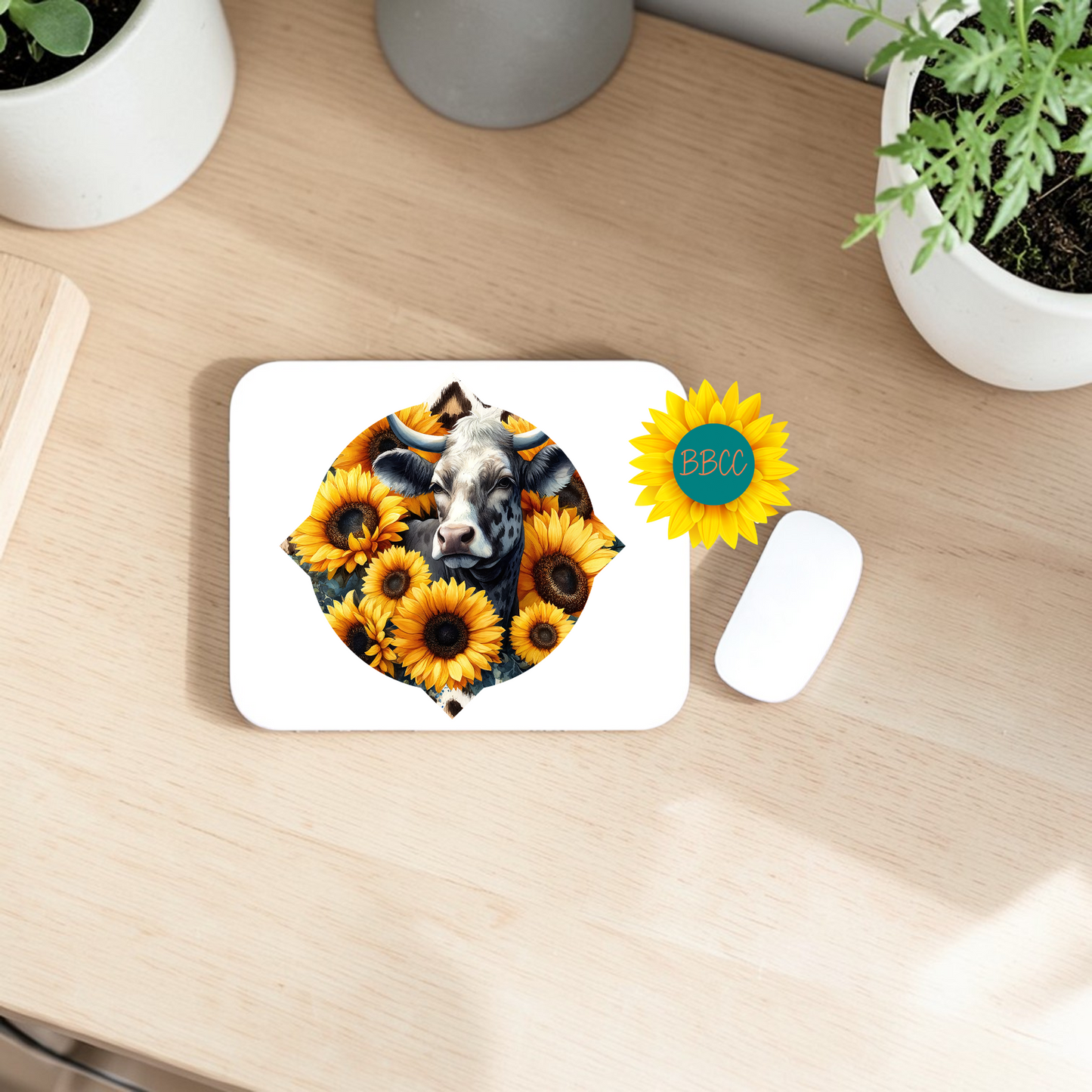 Sunflower Cow Floral Shape Mouse Pad