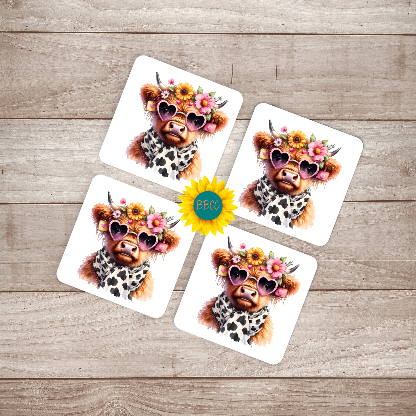 Highland Cow Floral Sunglasses Square Coasters