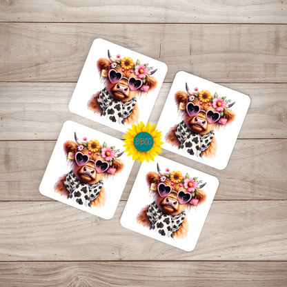 Highland Cow Floral Sunglasses Square Coasters