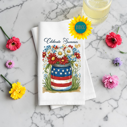 Celebrate Summer Patriotic Floral Tea Towel