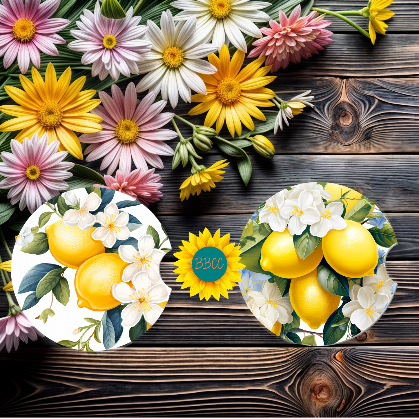 Lemon Floral Car Coasters Set of 2
