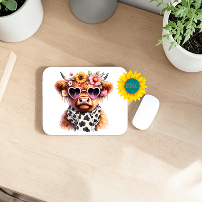 Floral Cow With Heart Sunglasses Mouse Pad