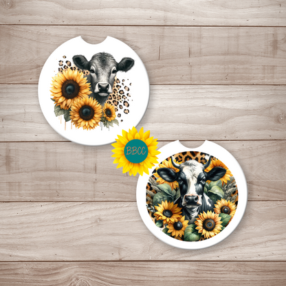Dairy Cow Car Coasters – Sunflower & Leopard Print Design (Set of 2)