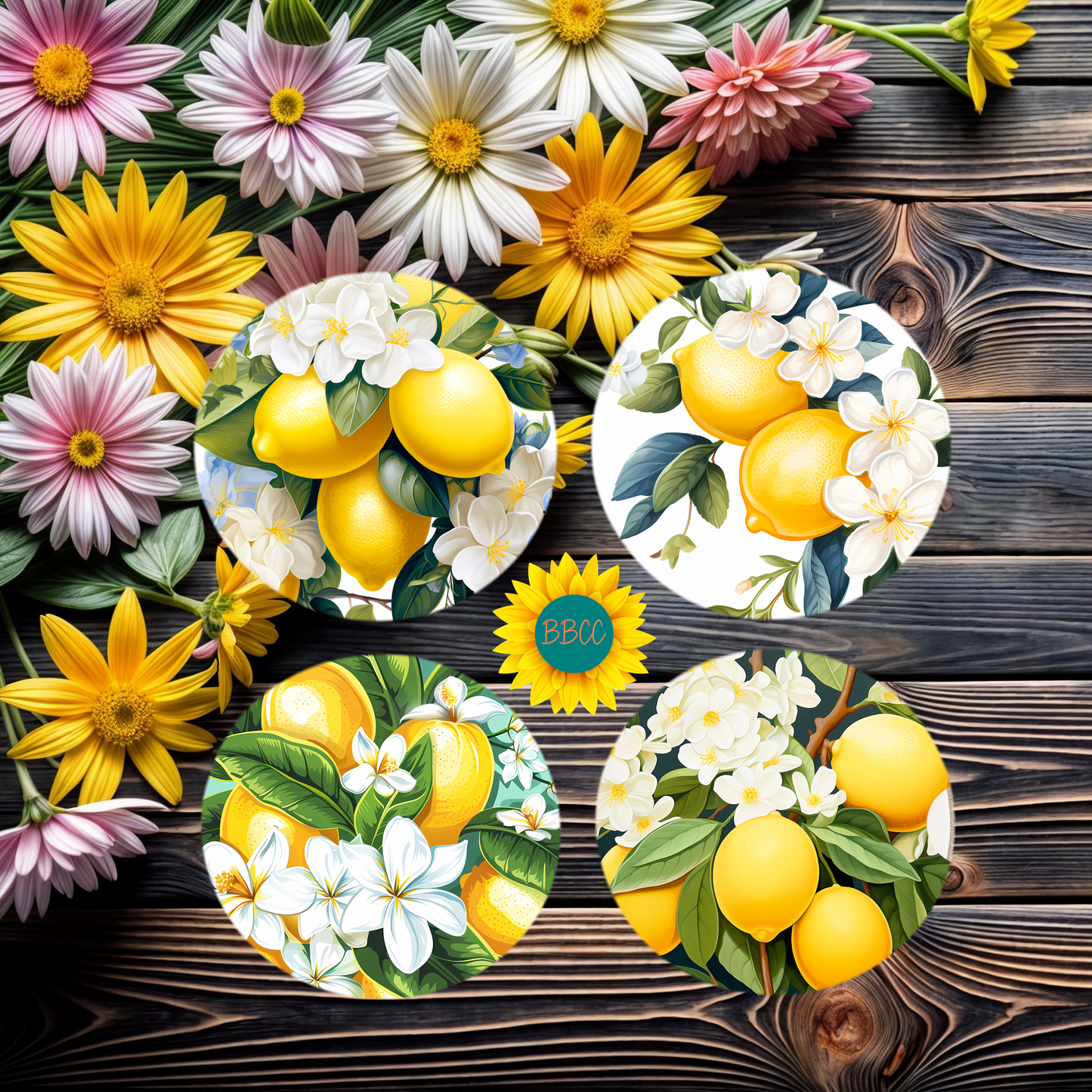 Lemon Orchard Round Coasters Set of 4
