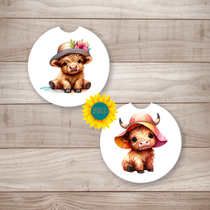 Highland Cow Car Coasters – Soft Summer Hat Design (Set of 2)