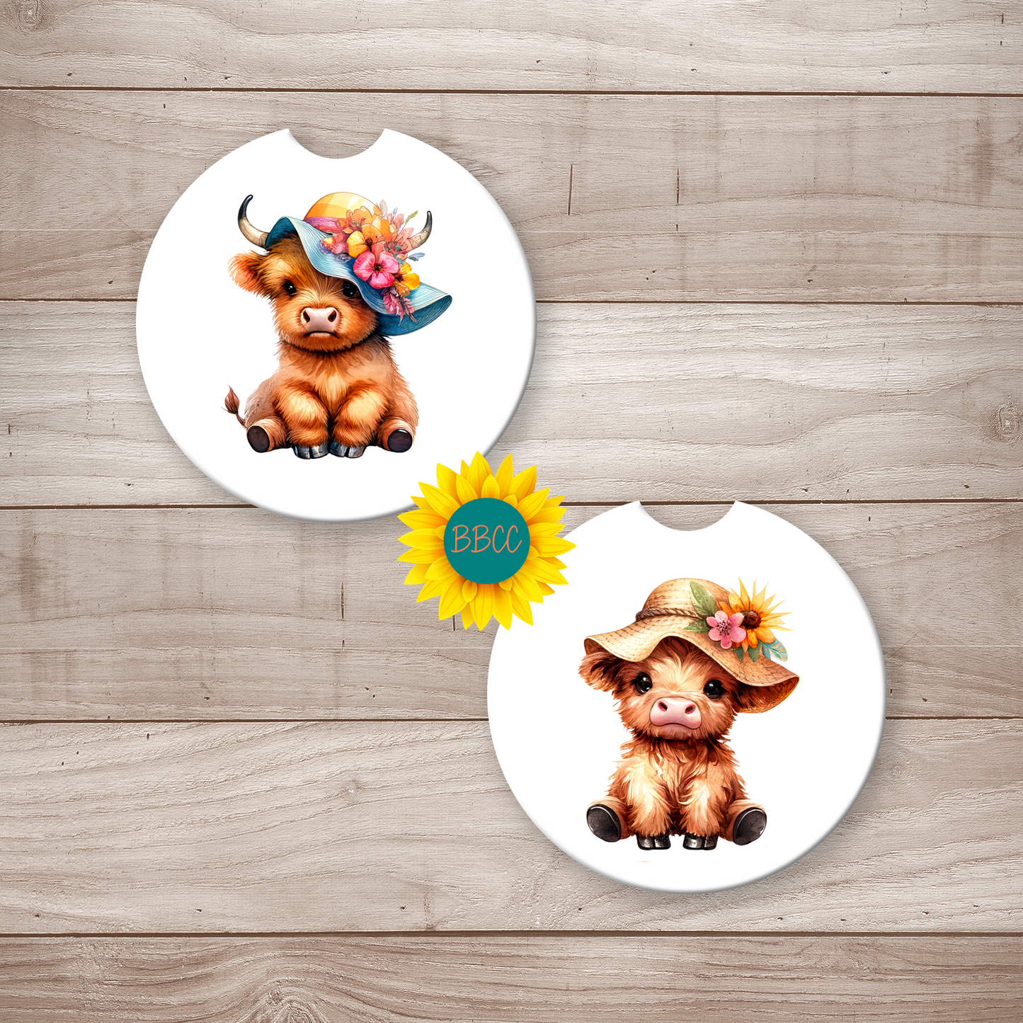 Highland Cow Car Coasters – Summer Floral Hat Design (Set of 2)