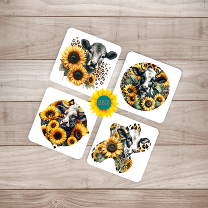 Dairy Cow Sunflower Square Coasters