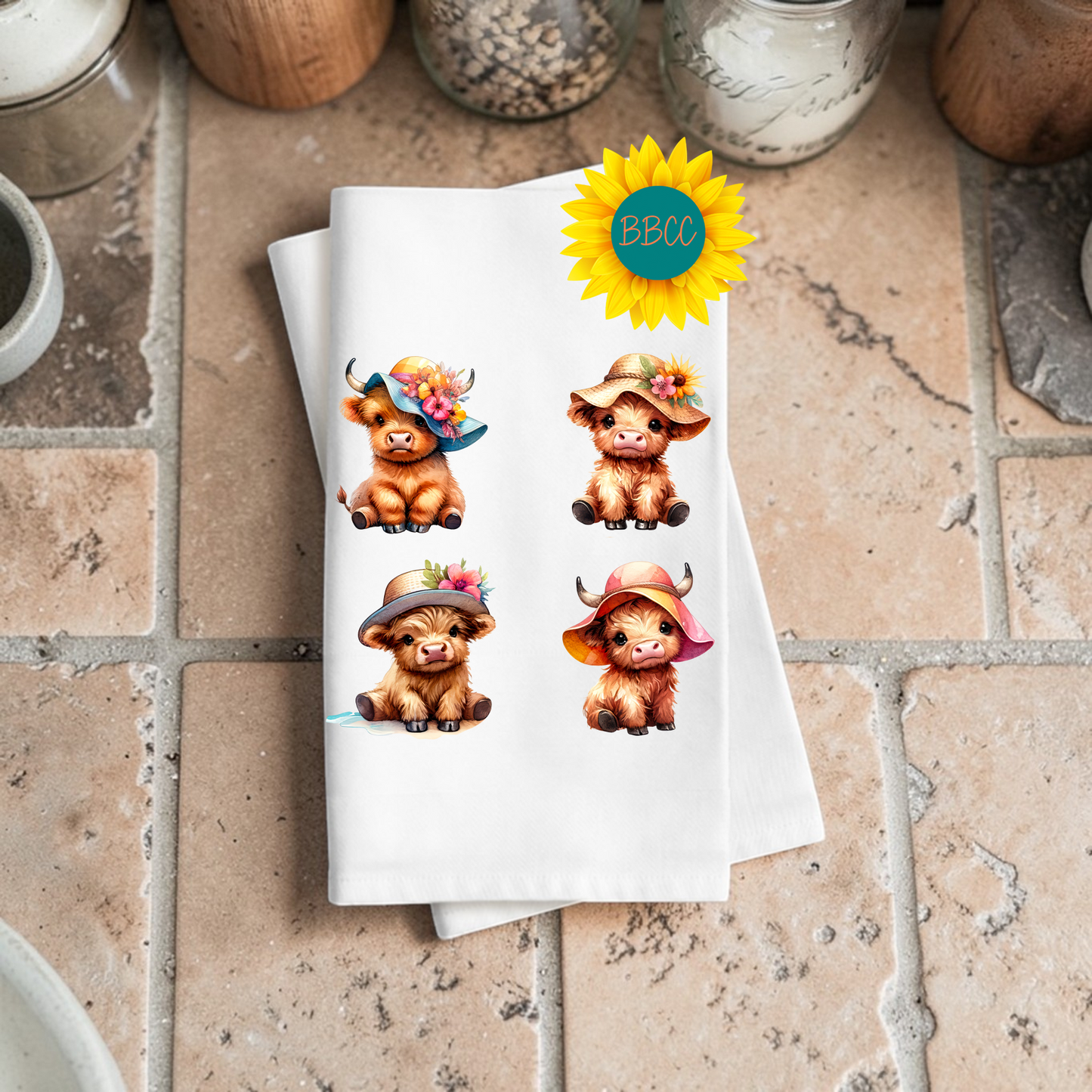 Summer Hat Highland Cow Tea Towel