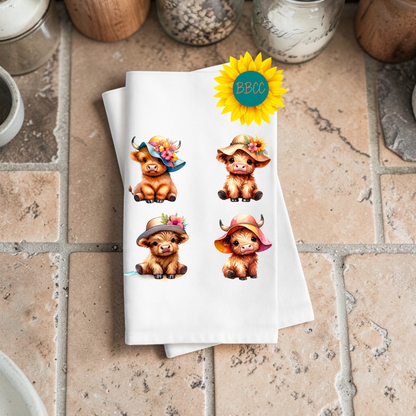 Summer Hat Highland Cow Tea Towel