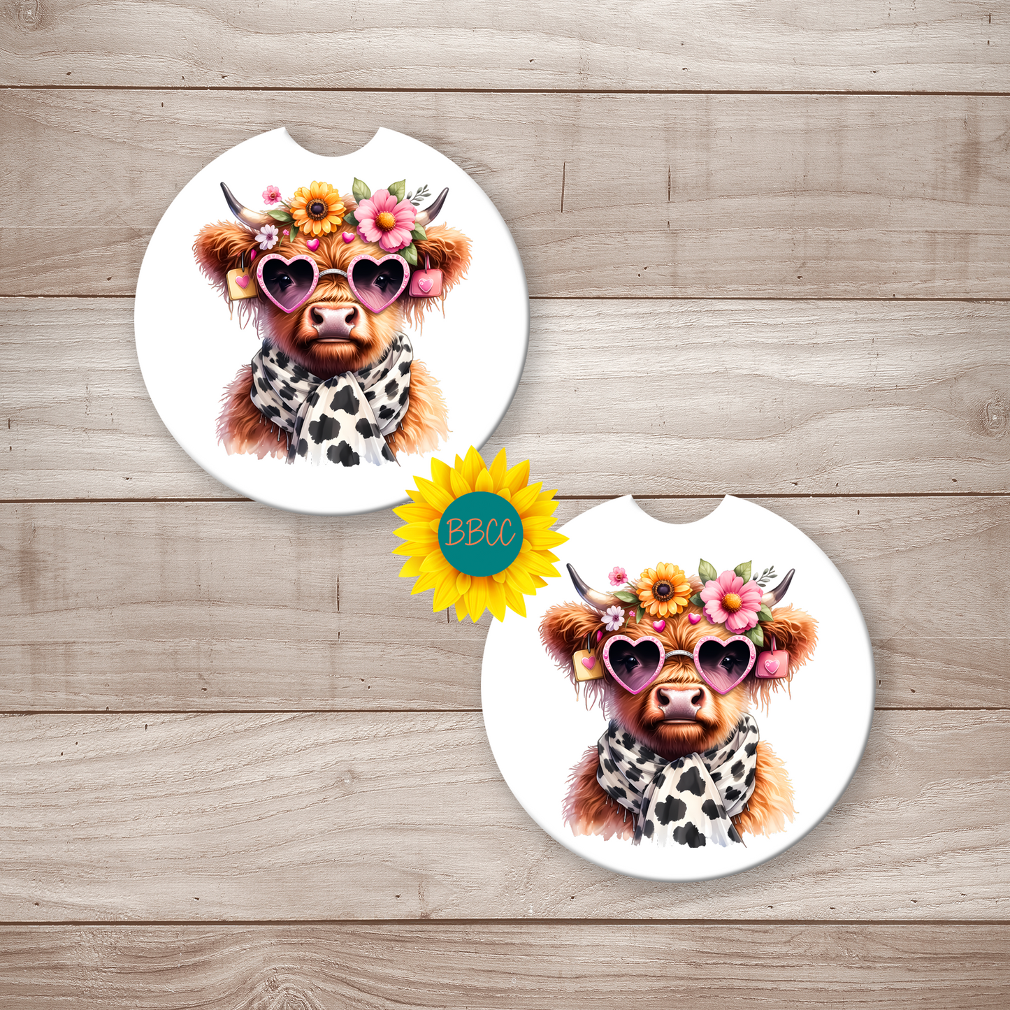 Floral Highland Cow Car Coasters