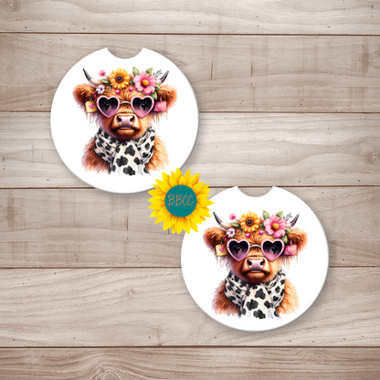 Floral Highland Cow Car Coasters