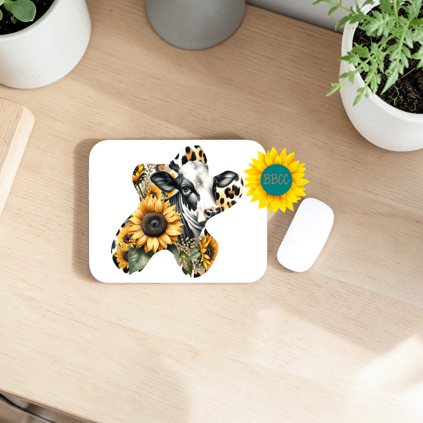 Sunflower Cow Cutout Style Mouse Pad