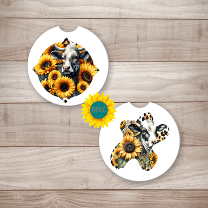 Dairy Cow Car Coasters – Sunflower Cutout Design (Set of 2)
