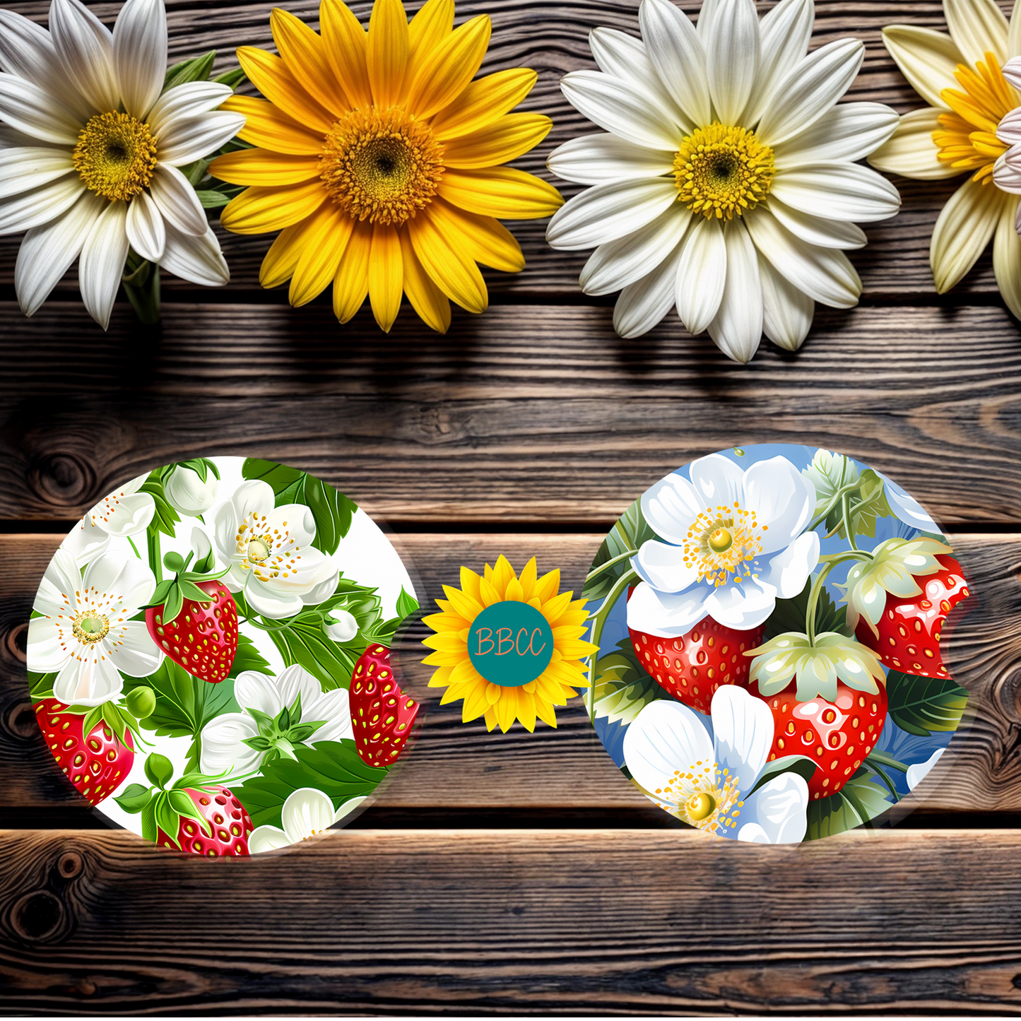 Strawberry Floral Car Coasters Set of 2