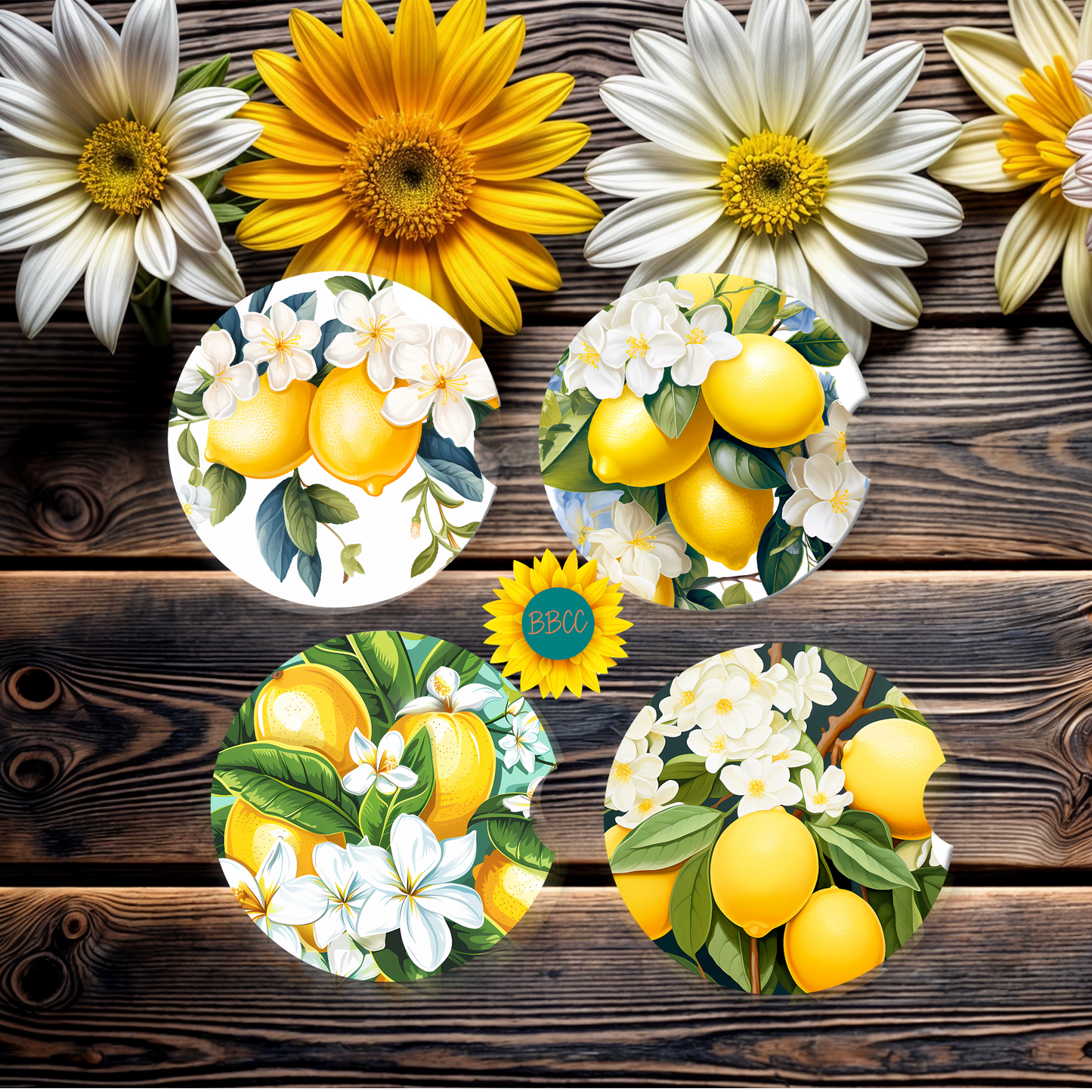 Lemon Blossom Car Coasters Set of 4