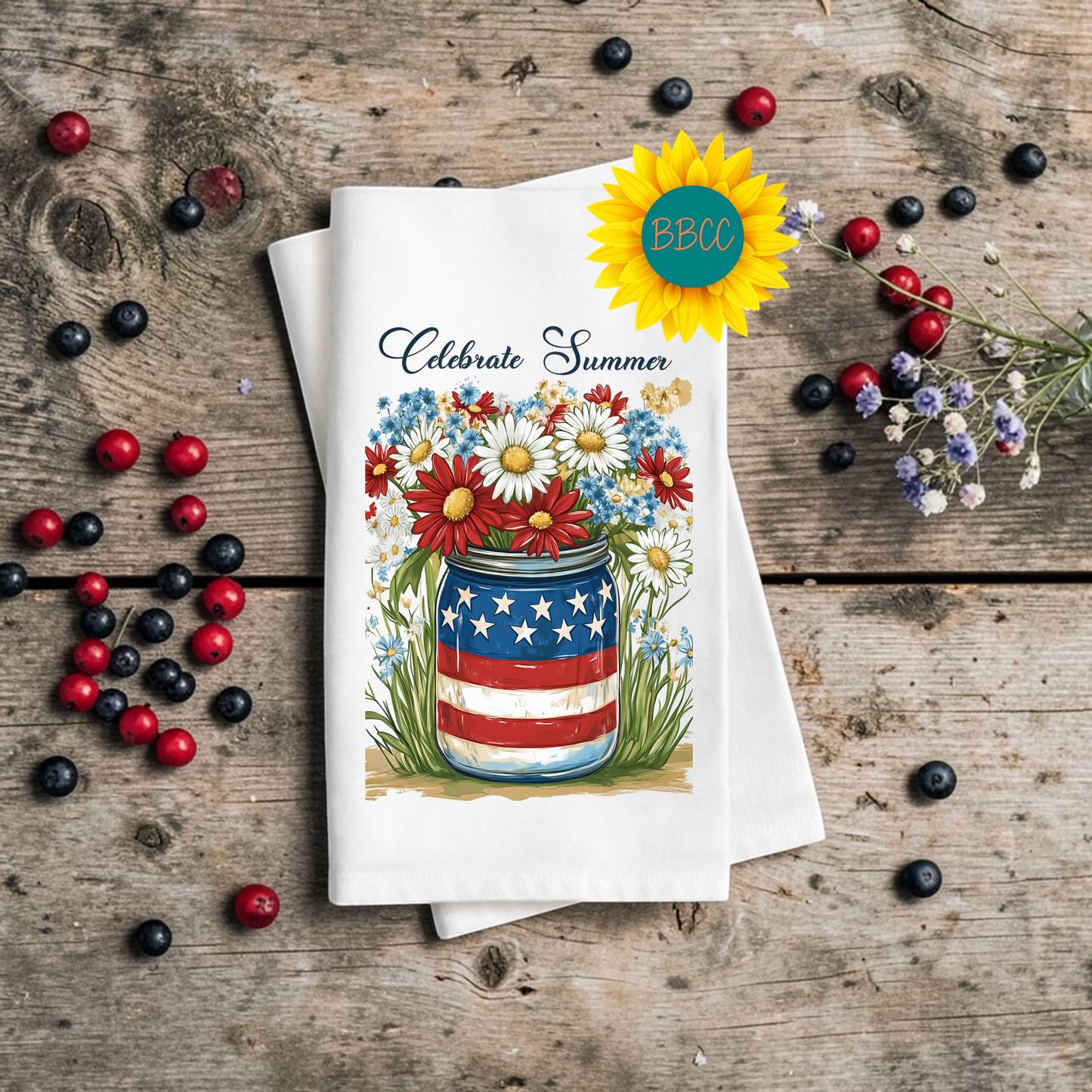 Celebrate Summer Patriotic Floral Tea Towel