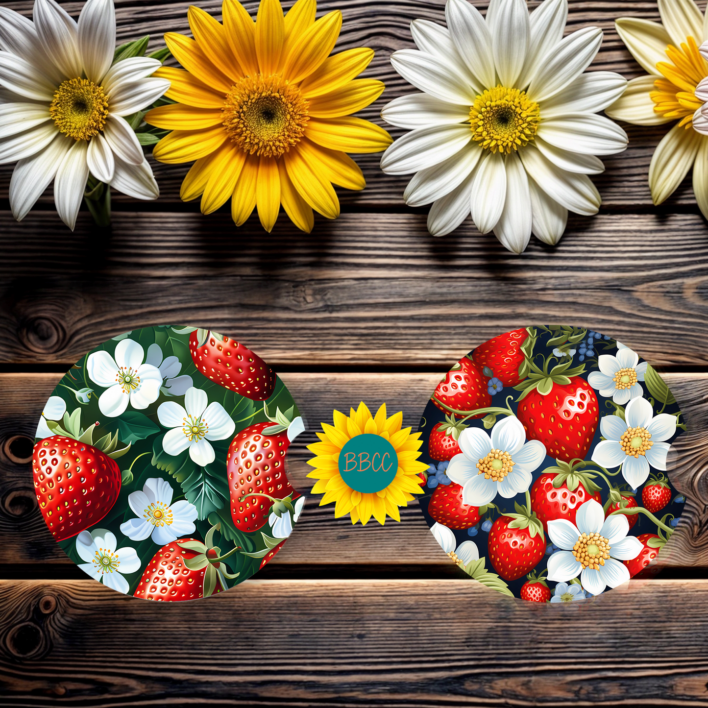 Strawberry Blossom Car Coasters Set of 2