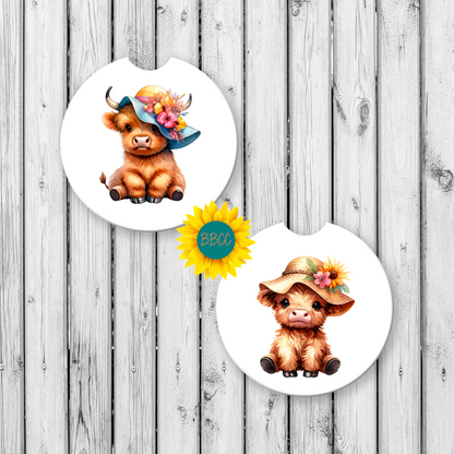 Highland Cow Car Coasters – Summer Floral Hat Design (Set of 2)