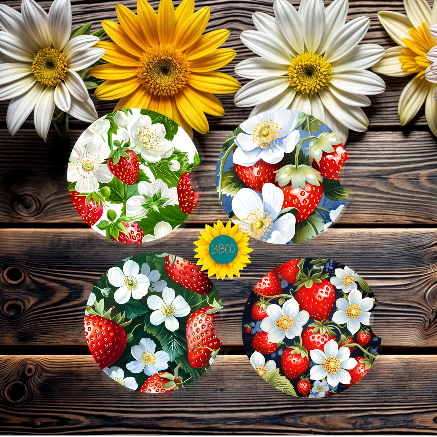 Strawberry Blossom Car Coasters Set of 4