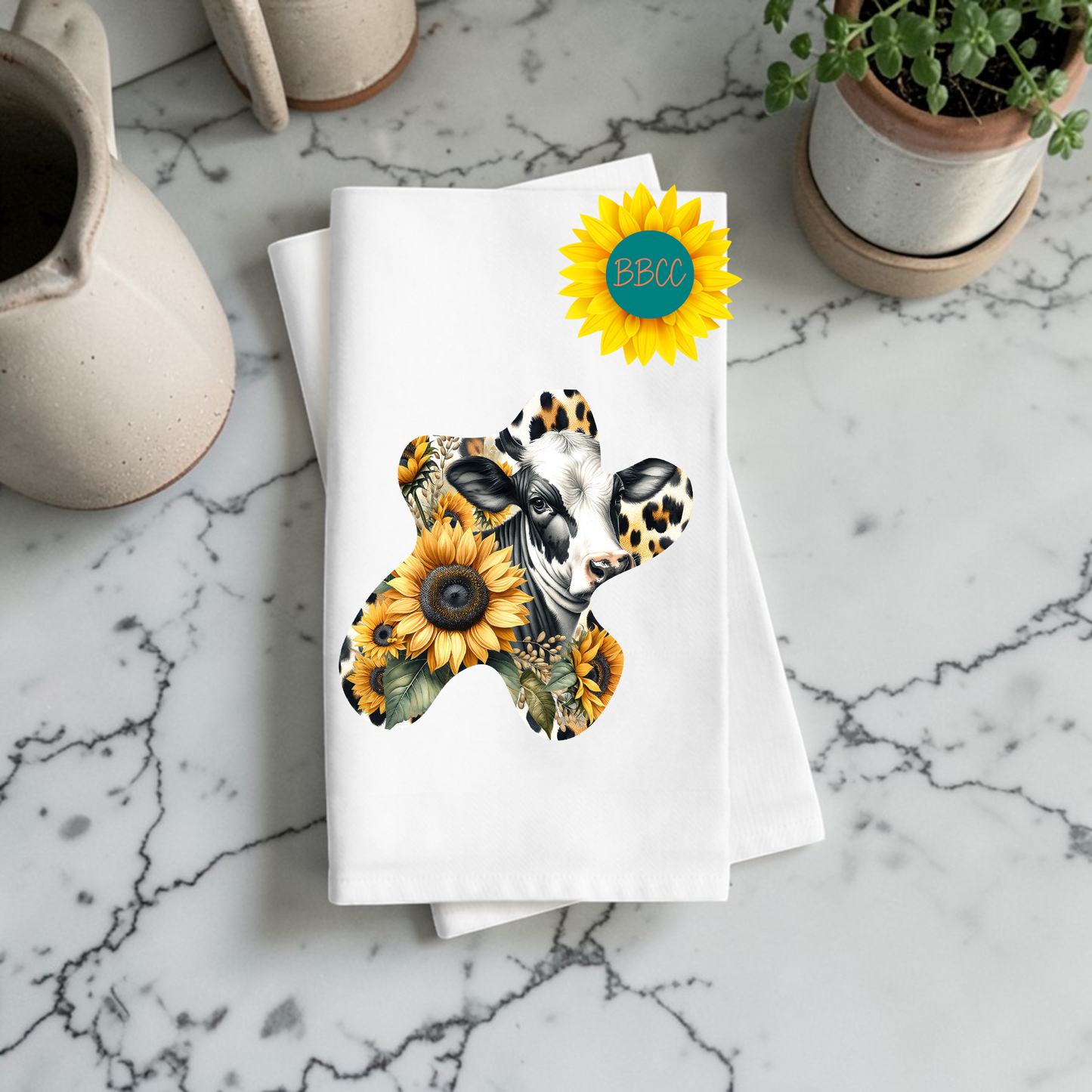 Sunflower Cow Cutout Kitchen Tea Towel