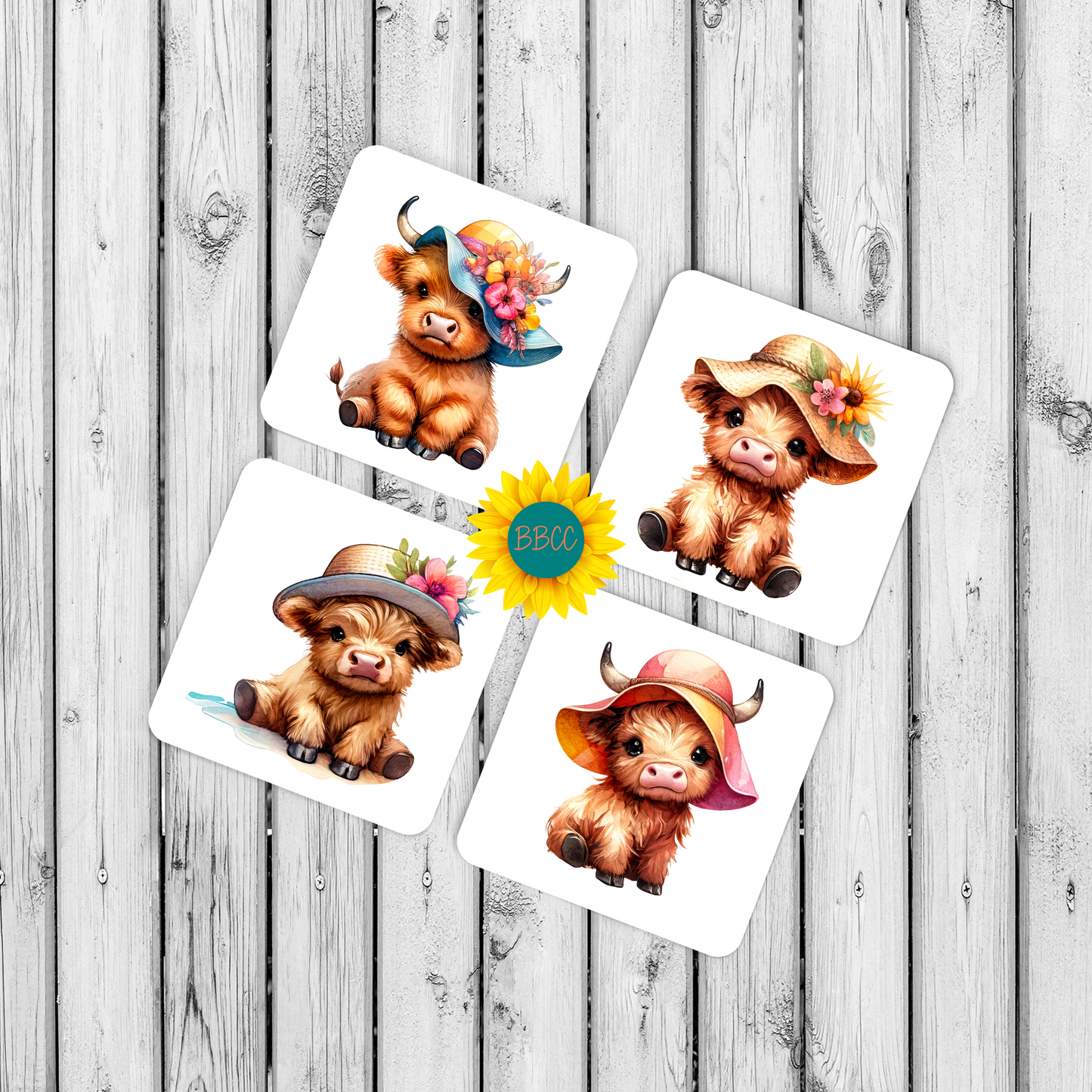 Highland Cow Summer Hats Square Coasters