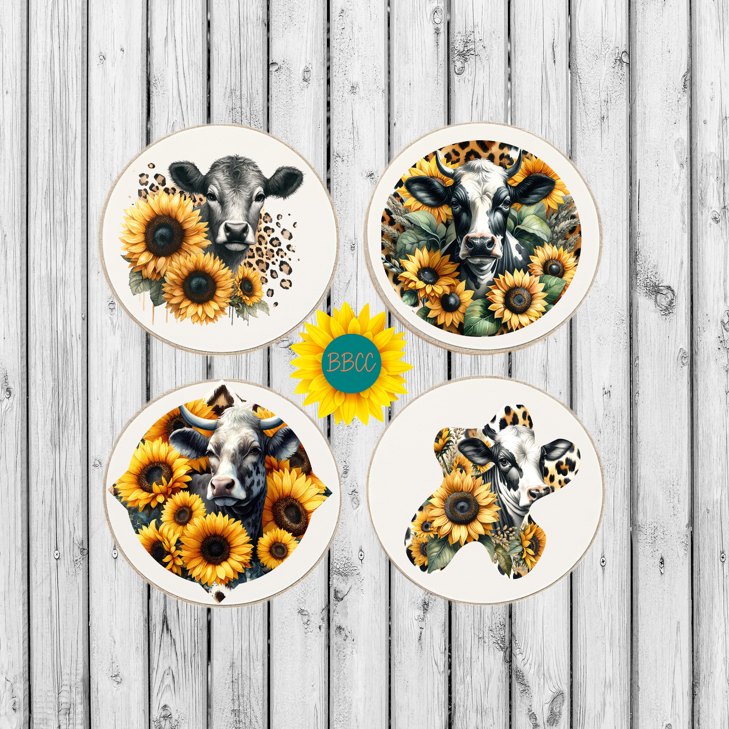 Dairy Cow Sunflower Round Coasters