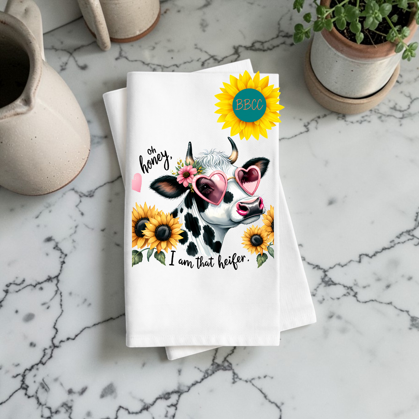 Sunflower Sass Heifer Cow Tea Towel