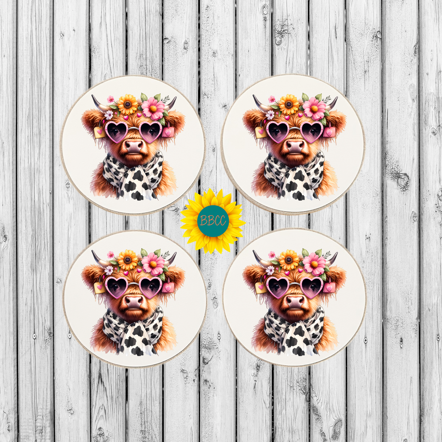 Highland Cow Floral Round Coasters