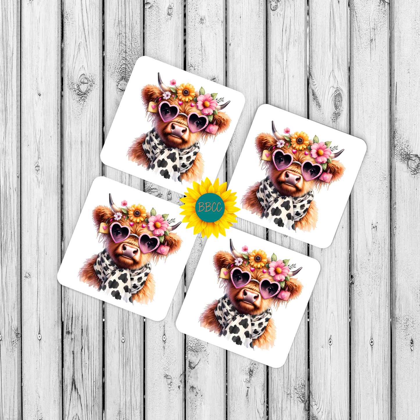 Highland Cow Floral Sunglasses Square Coasters