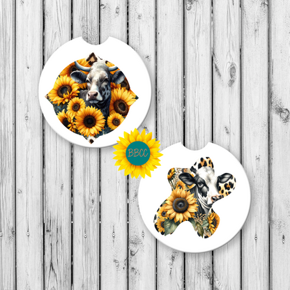 Dairy Cow Car Coasters – Sunflower Cutout Design (Set of 2)