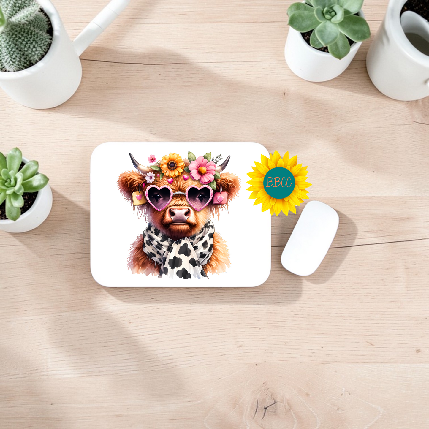 Floral Cow With Heart Sunglasses Mouse Pad