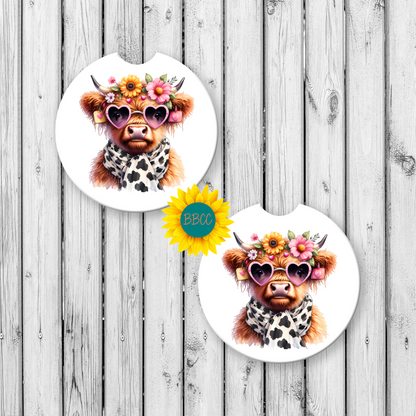 Floral Highland Cow Car Coasters