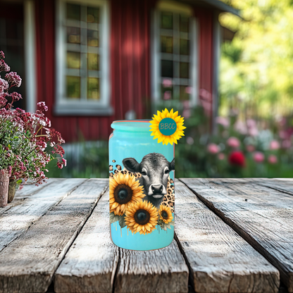 16oz Sunflower Cow Glass Tumbler
