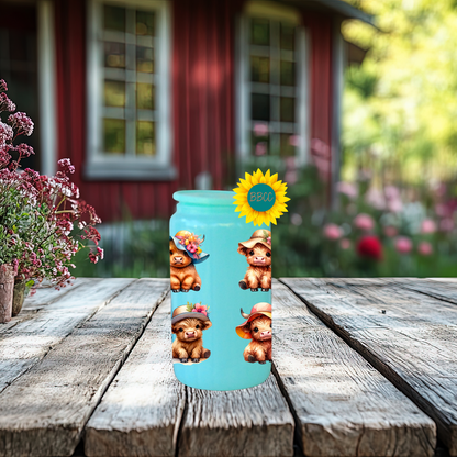 16oz Glass Tumbler – Highland Cow Summer Hats