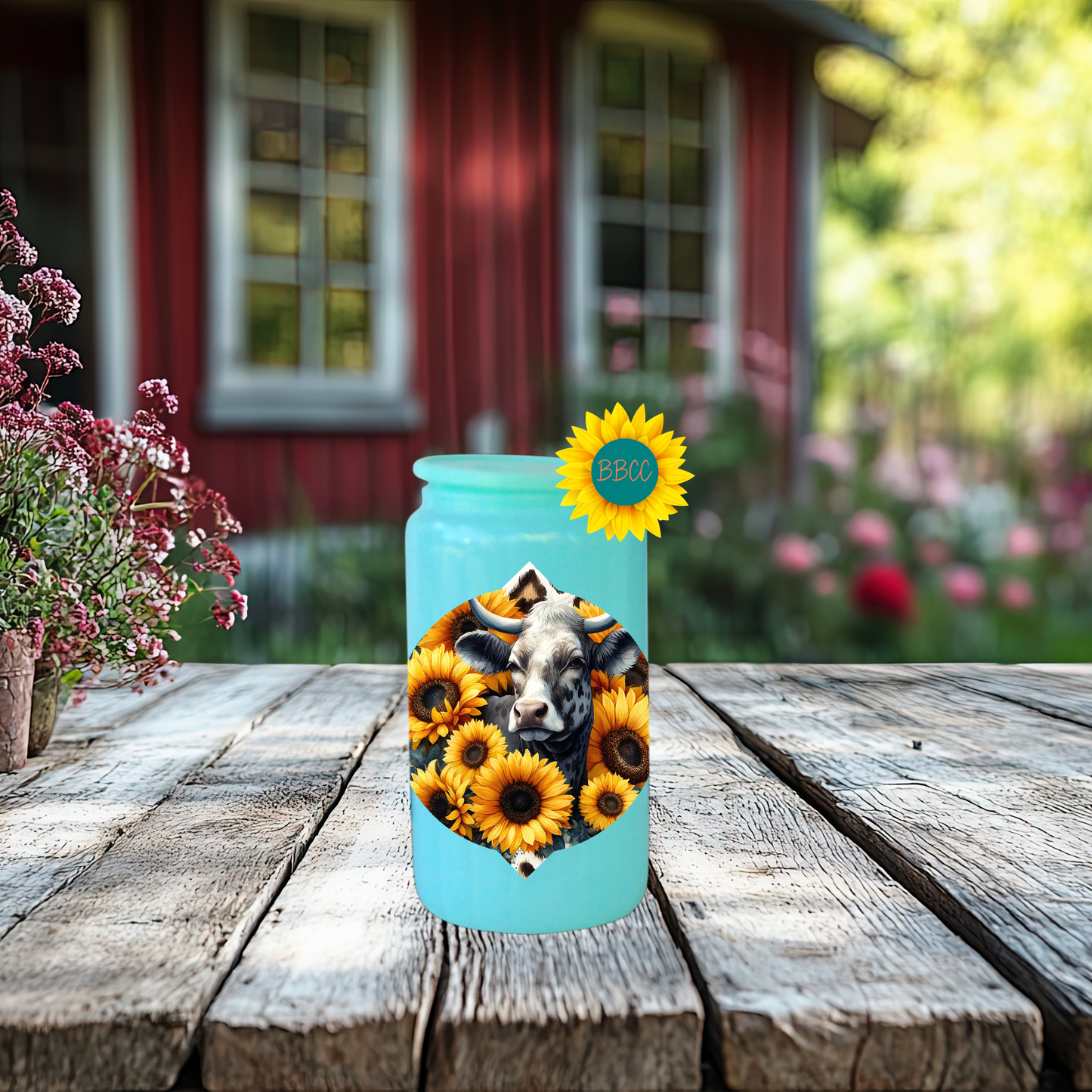 16oz Sunflower Cow Floral Glass Tumbler