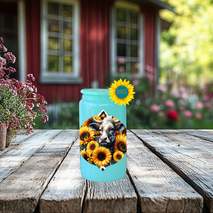 16oz Sunflower Cow Floral Glass Tumbler