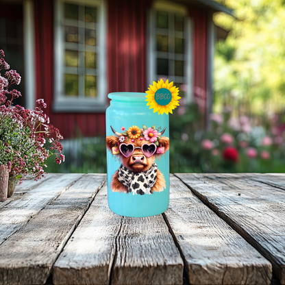 16oz Glass Tumbler – Floral Highland Cow
