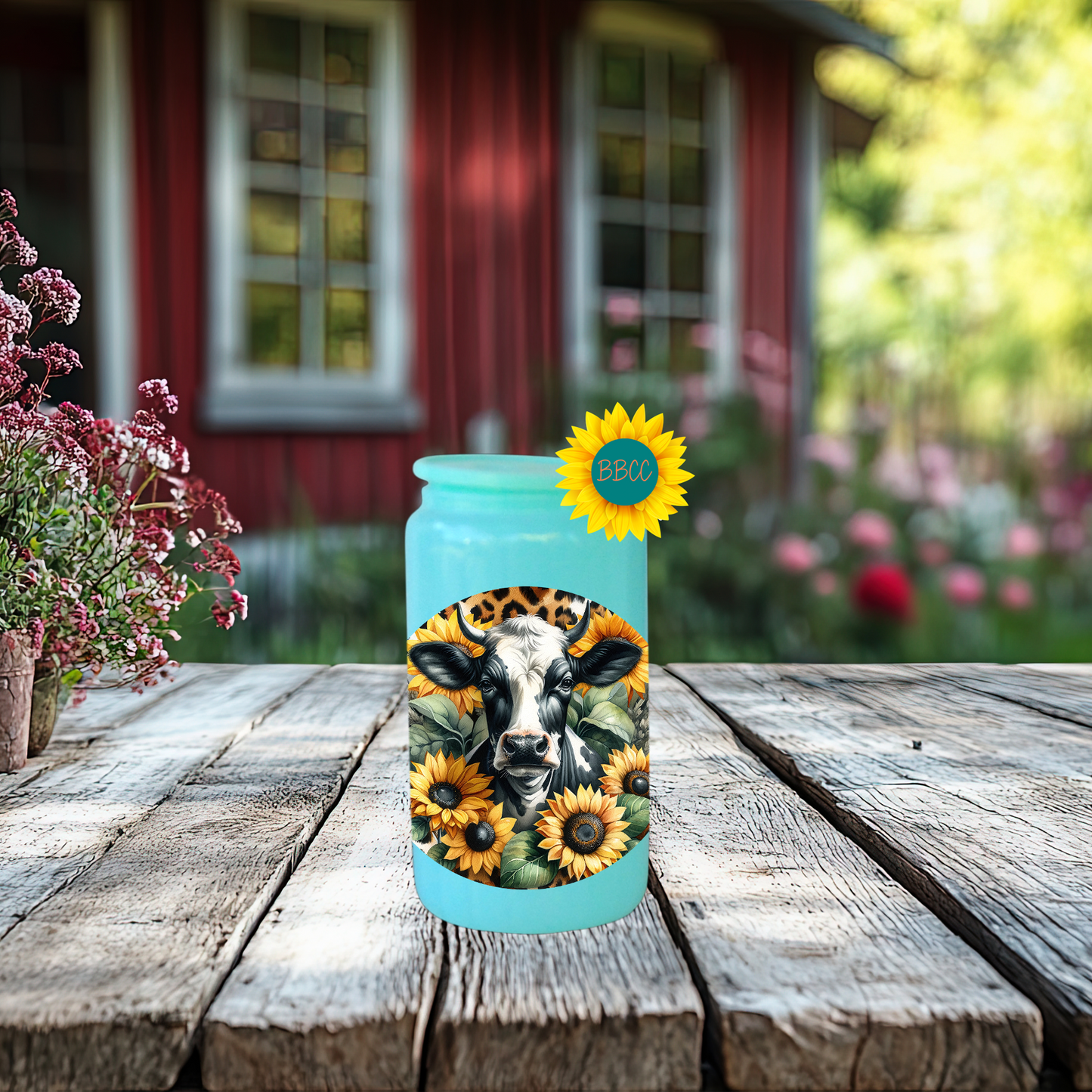 16oz Sunflower Cow Circle Glass Tumbler