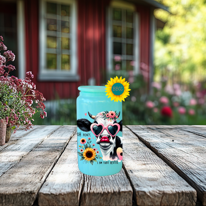 16oz Glass Tumbler – Floral Heifer Cow with Sunglasses