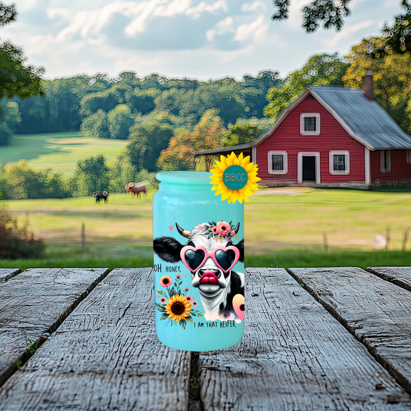 16oz Glass Tumbler – Floral Heifer Cow with Sunglasses